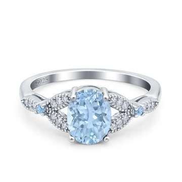 Oval Art Deco Wedding Ring Accent Vintage Simulated Aquamarine CZ 925 Sterling Silver
